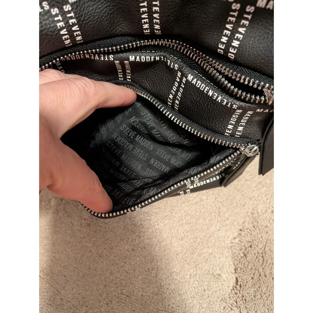 Steve Madden Black Logo Print Pebbled Leather Backpack Front Zip Pockets